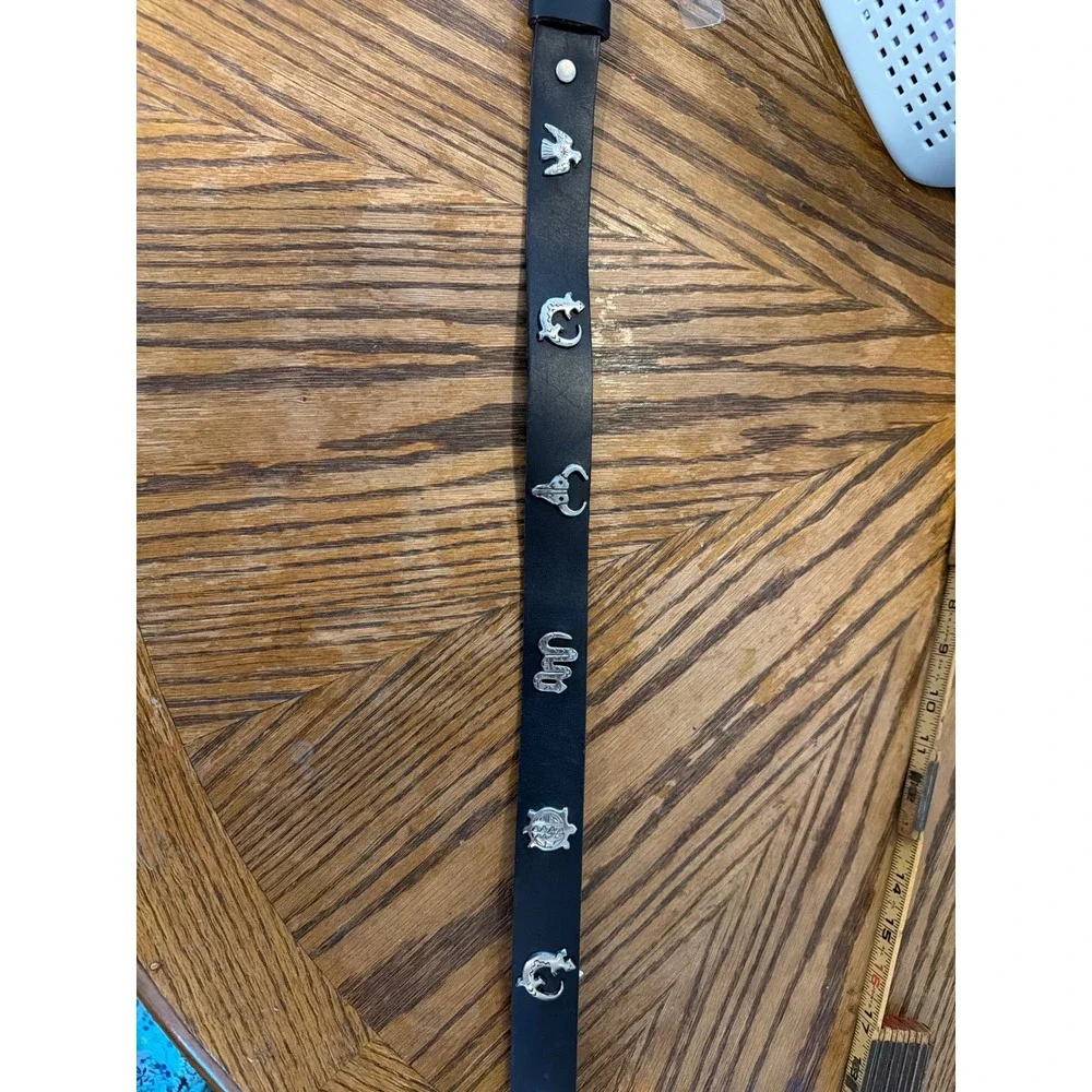 Black Leather Belt with Silver Metal Animal Charms Bull Skull Eagle Lizard